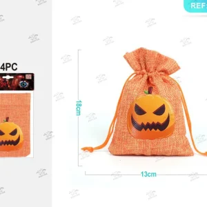 HALLOWEEN sacchetto di juta arancione zucca 13x18cm 4pz