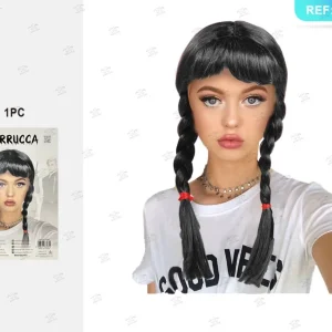 HALLOWEEN parrucca nera con doppia treccia 170g