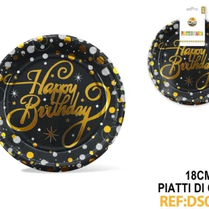 Tema “happy birthday” nero/oro piatti 18cm